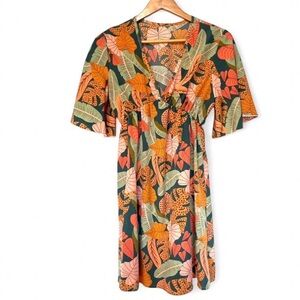 Summer Tropical Floral Print Batwing Ruffle Hem Smock Short Dress with V-Neck